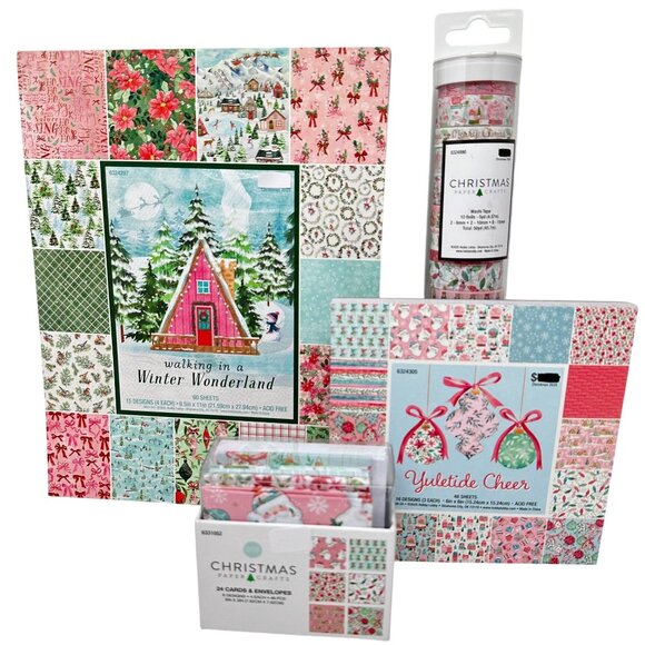 Christmas Paper Crafts Set Pink Holiday Scrapbook Holiday Packs Cards Washi Tape - Picture 4 of 9
